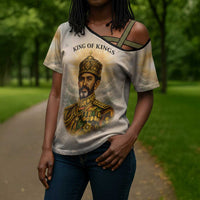 Haile Selassie I Ethiopia Cross Shoulder Shirt with King of Kings and Conquering Lion Cloud Rays and Regal Portrait