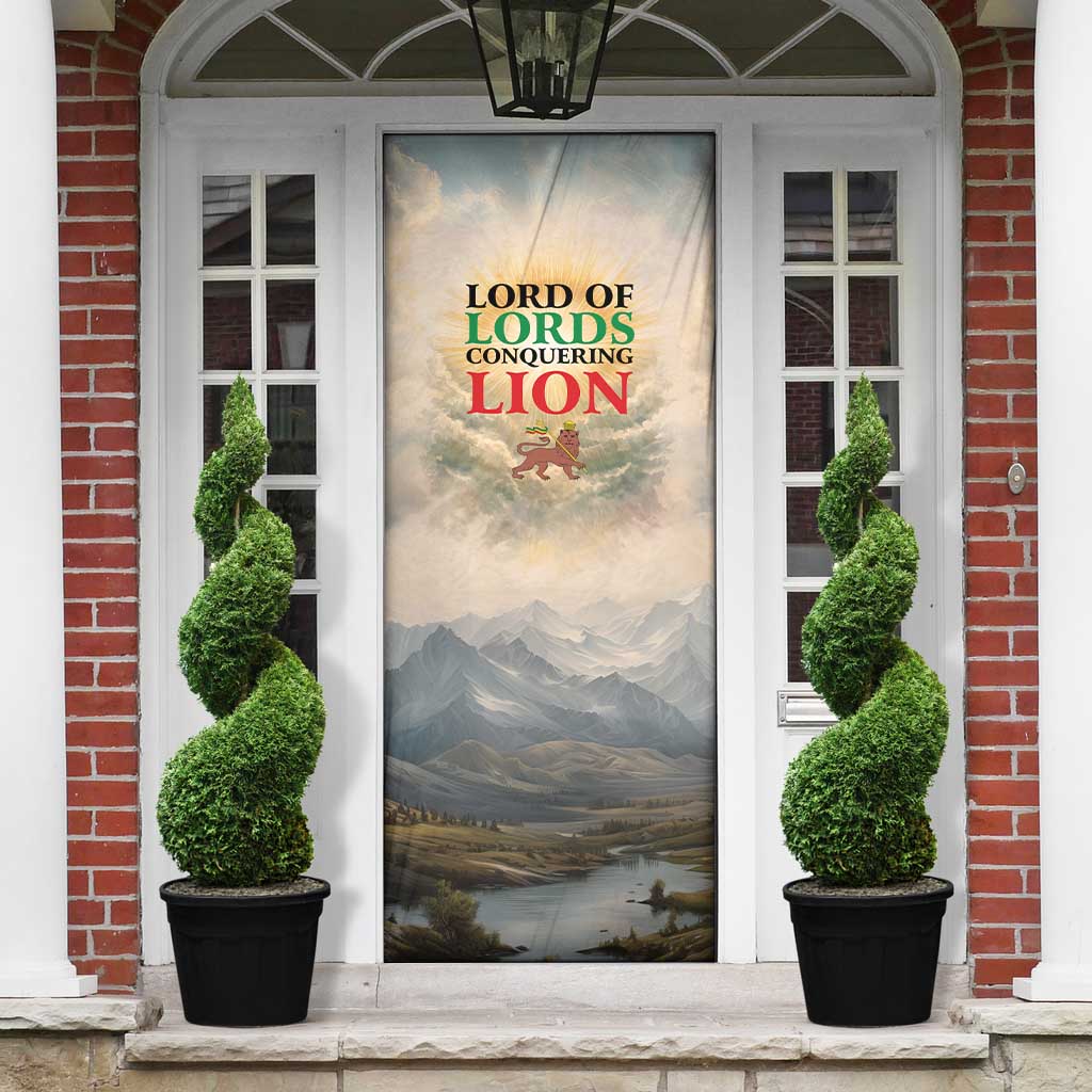 Haile Selassie I Ethiopia Door Cover with King of Kings and Conquering Lion Cloud Rays and Regal Portrait - Wonder Print Shop