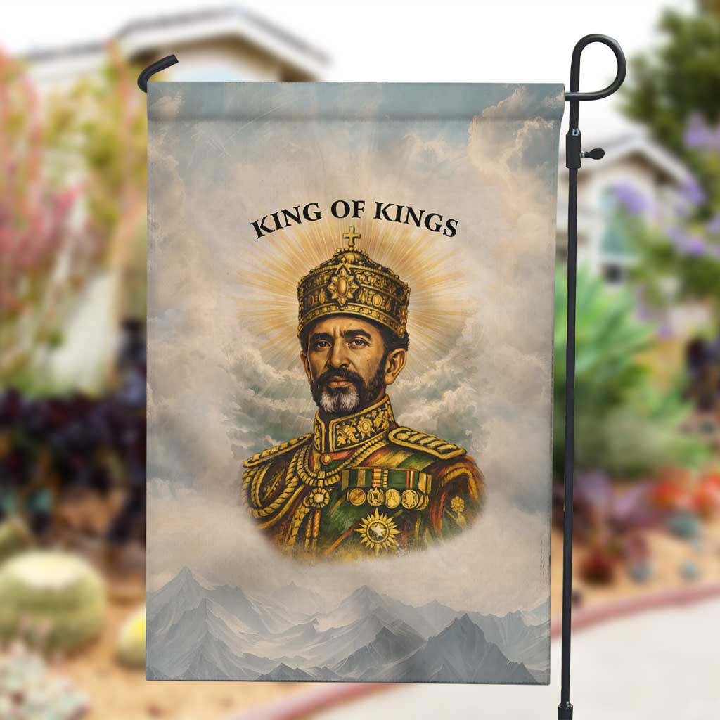 Haile Selassie I Ethiopia Garden Flag with King of Kings and Conquering Lion Cloud Rays and Regal Portrait - Wonder Print Shop