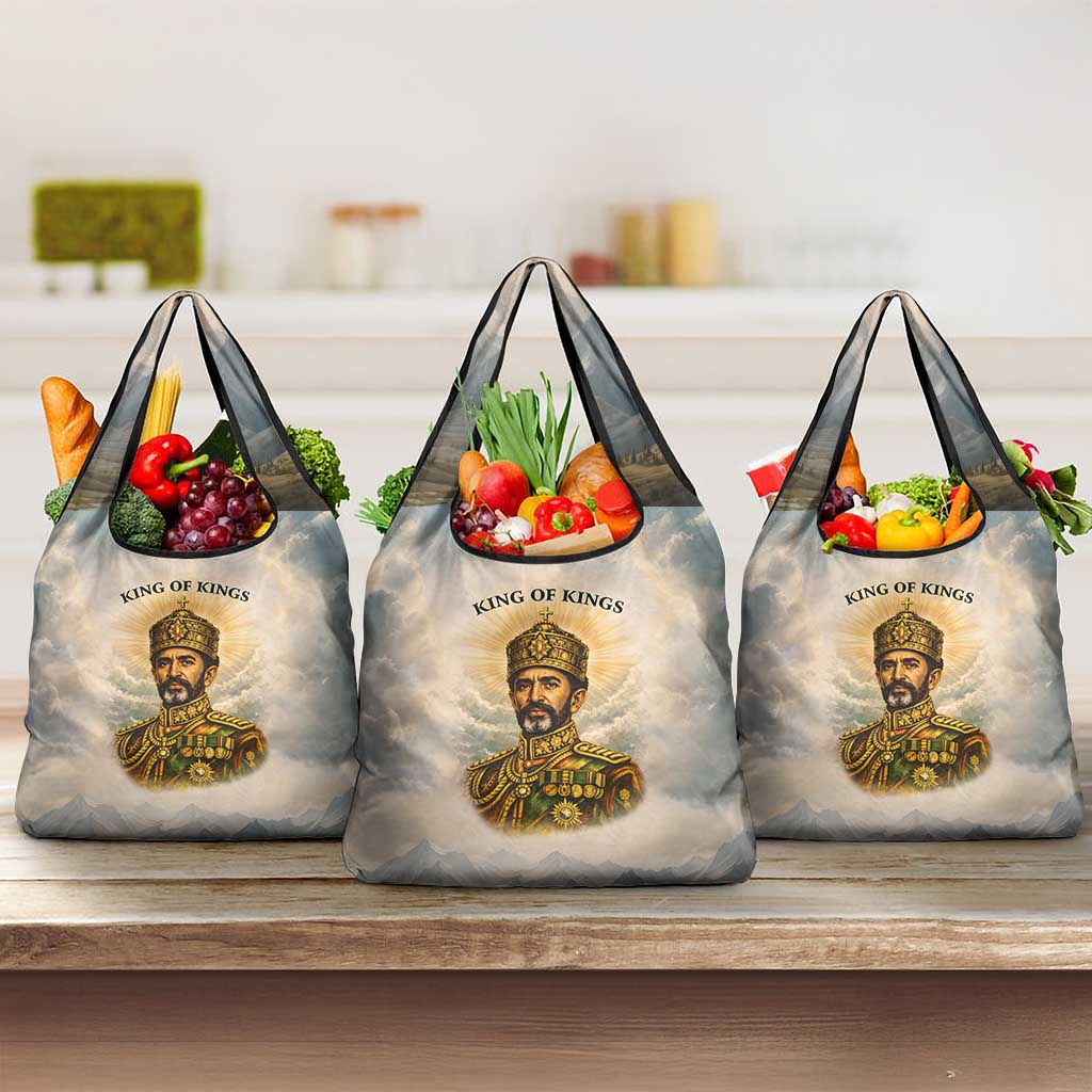 Haile Selassie I Ethiopia Grocery Bag with King of Kings and Conquering Lion Cloud Rays and Regal Portrait - Wonder Print Shop