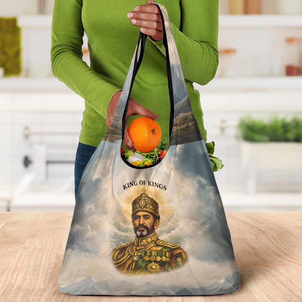 Haile Selassie I Ethiopia Grocery Bag with King of Kings and Conquering Lion Cloud Rays and Regal Portrait - Wonder Print Shop