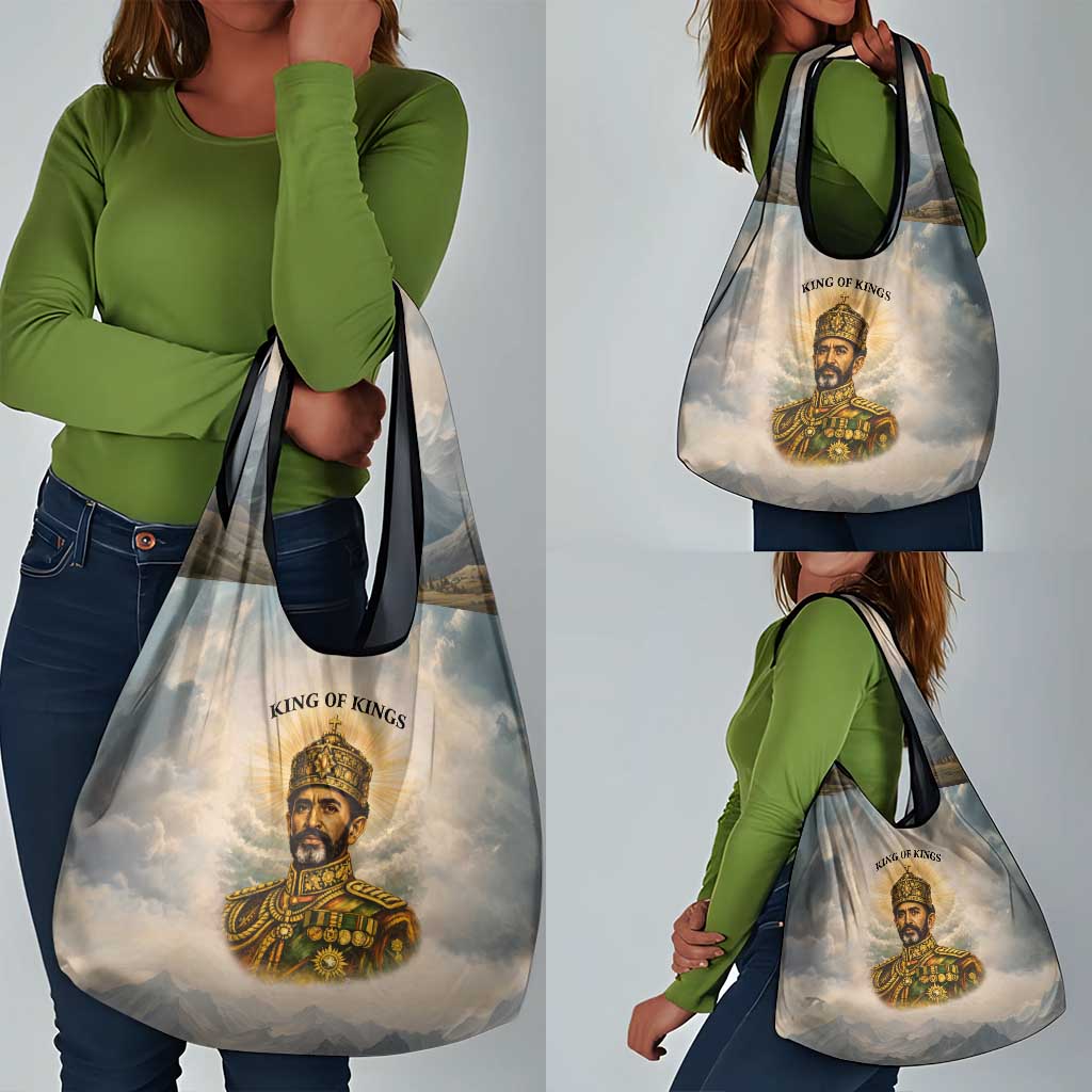 Haile Selassie I Ethiopia Grocery Bag with King of Kings and Conquering Lion Cloud Rays and Regal Portrait - Wonder Print Shop