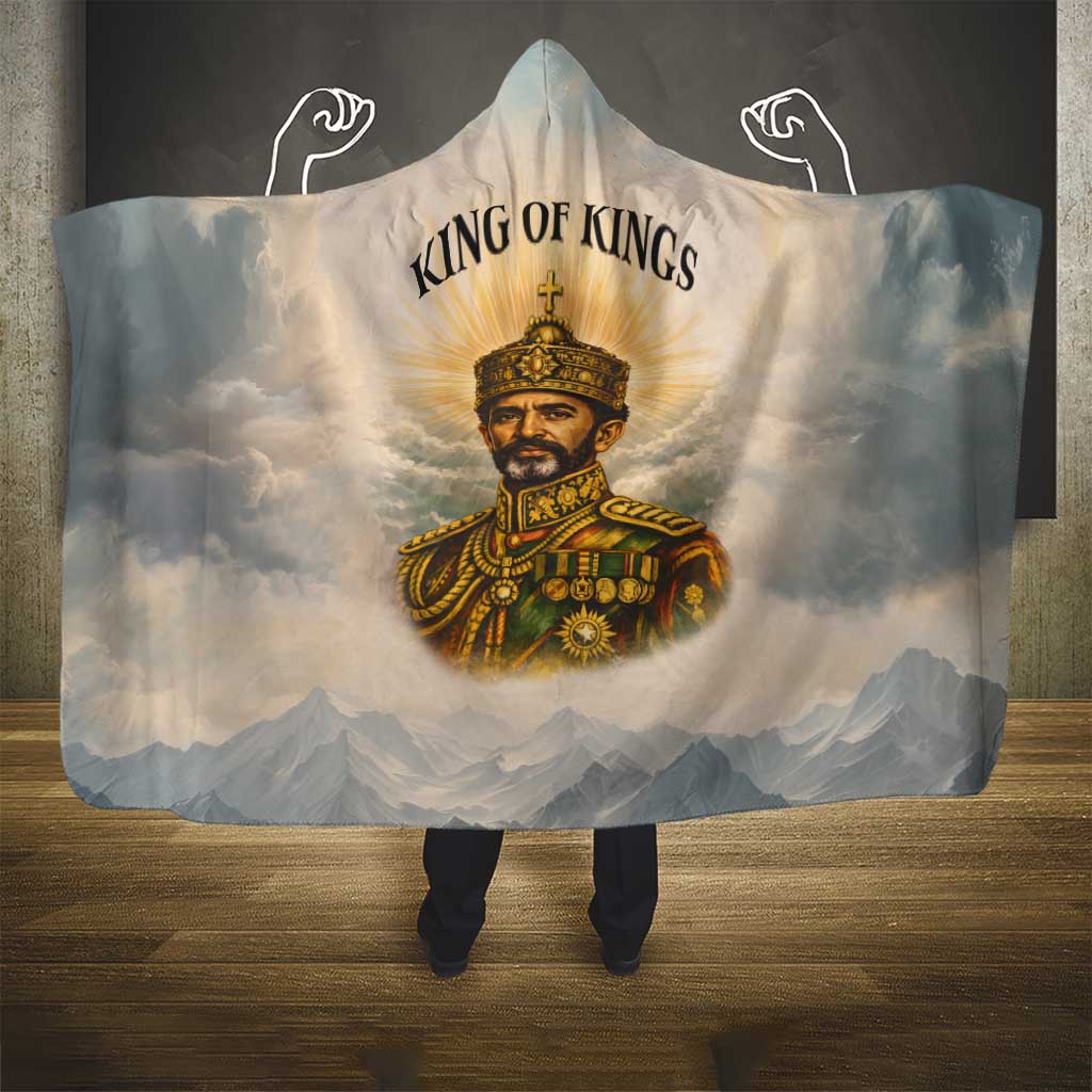 Haile Selassie I Ethiopia Hooded Blanket with King of Kings and Conquering Lion Cloud Rays and Regal Portrait - Wonder Print Shop