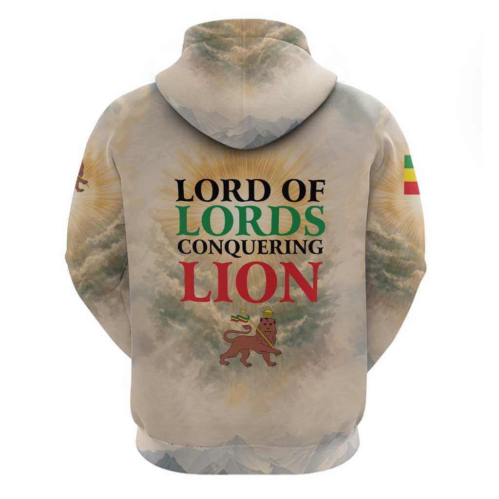 Haile Selassie I Ethiopia Hoodie with King of Kings and Conquering Lion Cloud Rays and Regal Portrait