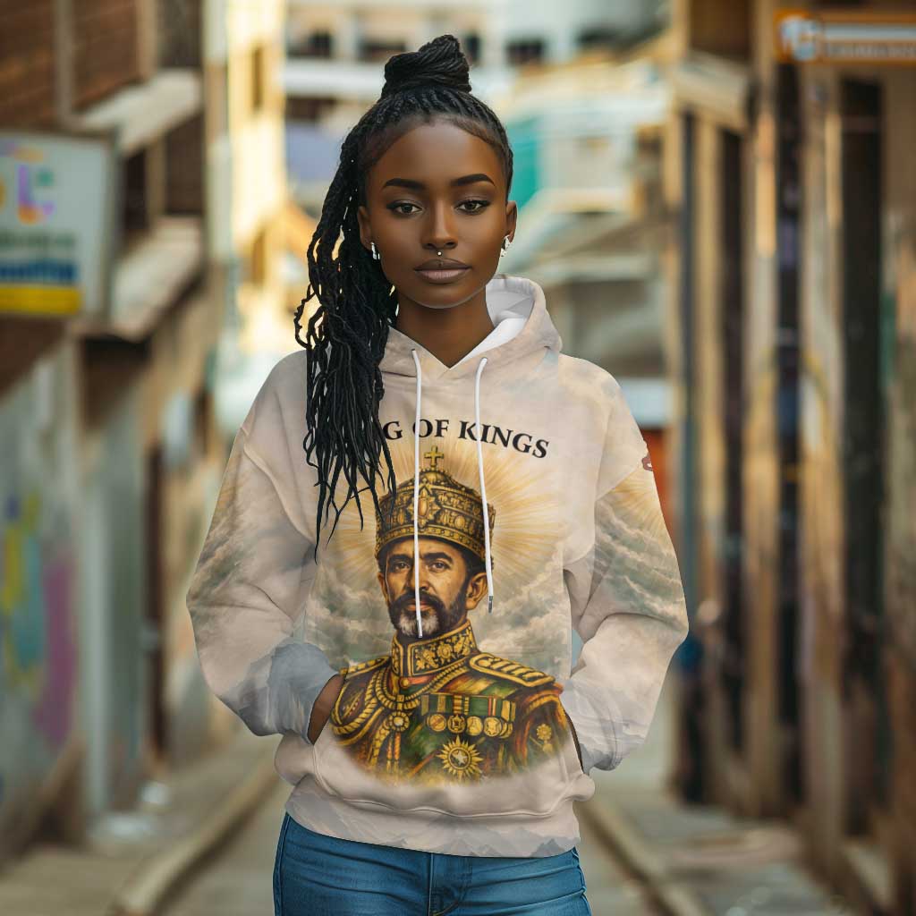 Haile Selassie I Ethiopia Hoodie with King of Kings and Conquering Lion Cloud Rays and Regal Portrait
