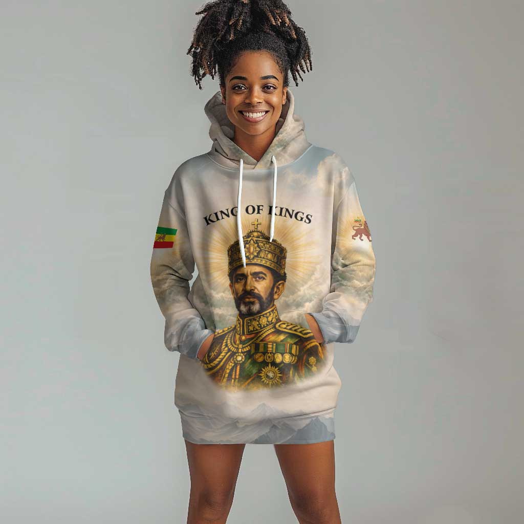 Haile Selassie I Ethiopia Hoodie Dress with King of Kings and Conquering Lion Cloud Rays and Regal Portrait