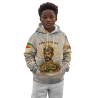 Haile Selassie I Ethiopia Kid Hoodie with King of Kings and Conquering Lion Cloud Rays and Regal Portrait