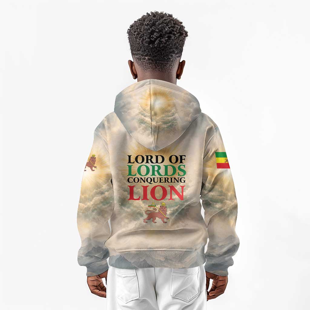 Haile Selassie I Ethiopia Kid Hoodie with King of Kings and Conquering Lion Cloud Rays and Regal Portrait