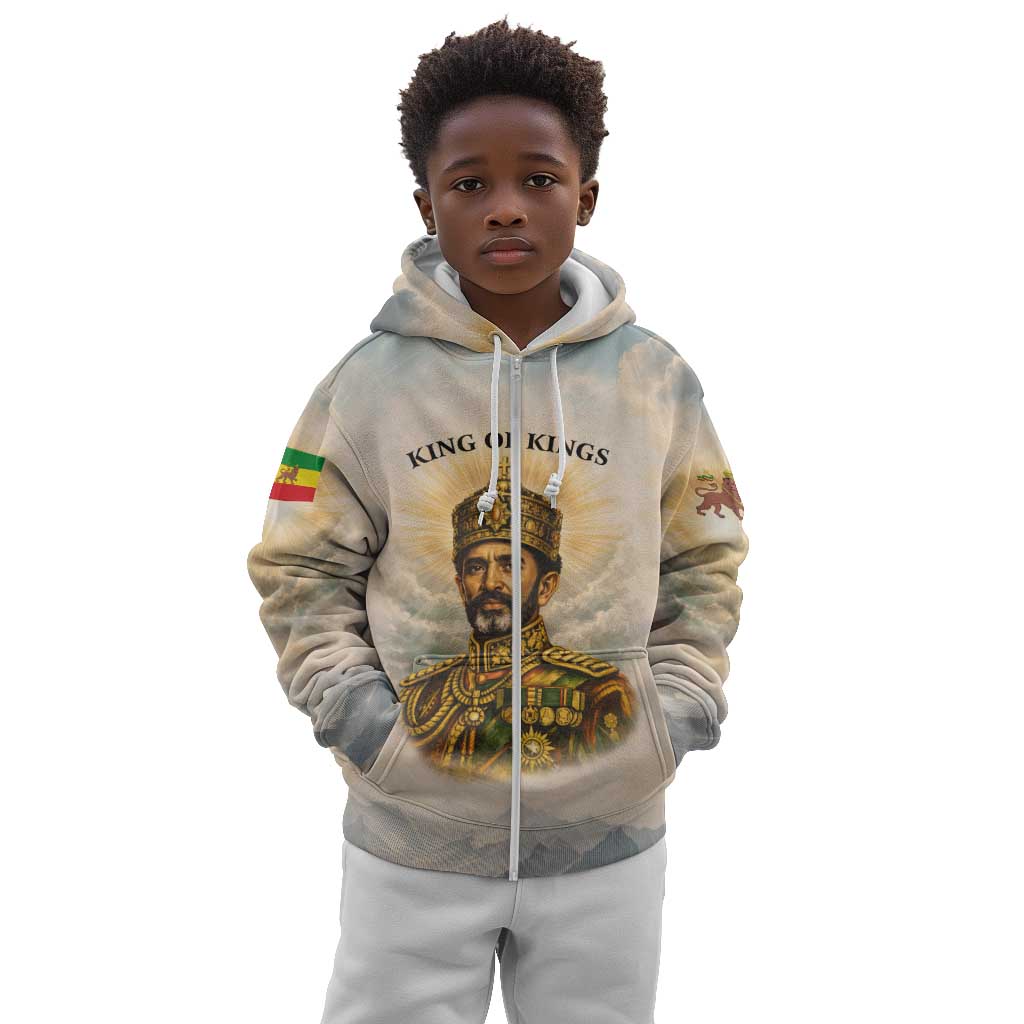 Haile Selassie I Ethiopia Kid Hoodie with King of Kings and Conquering Lion Cloud Rays and Regal Portrait