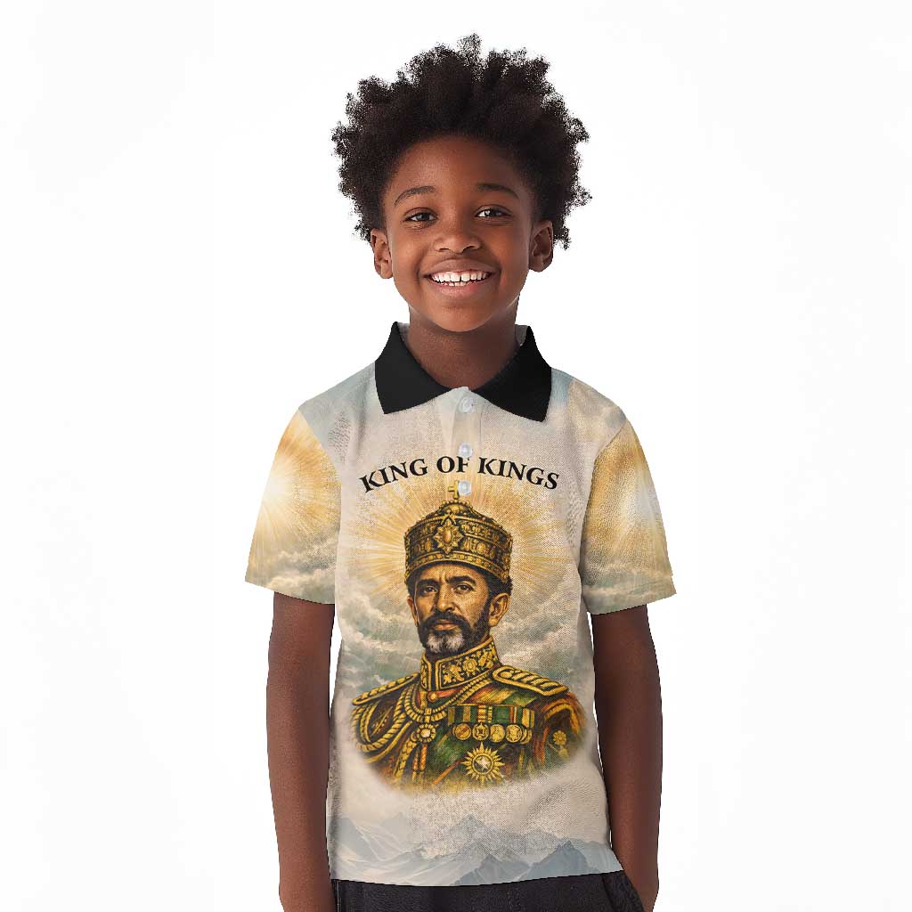 Haile Selassie I Ethiopia Kid Polo Shirt with King of Kings and Conquering Lion Cloud Rays and Regal Portrait