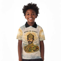 Haile Selassie I Ethiopia Kid Polo Shirt with King of Kings and Conquering Lion Cloud Rays and Regal Portrait