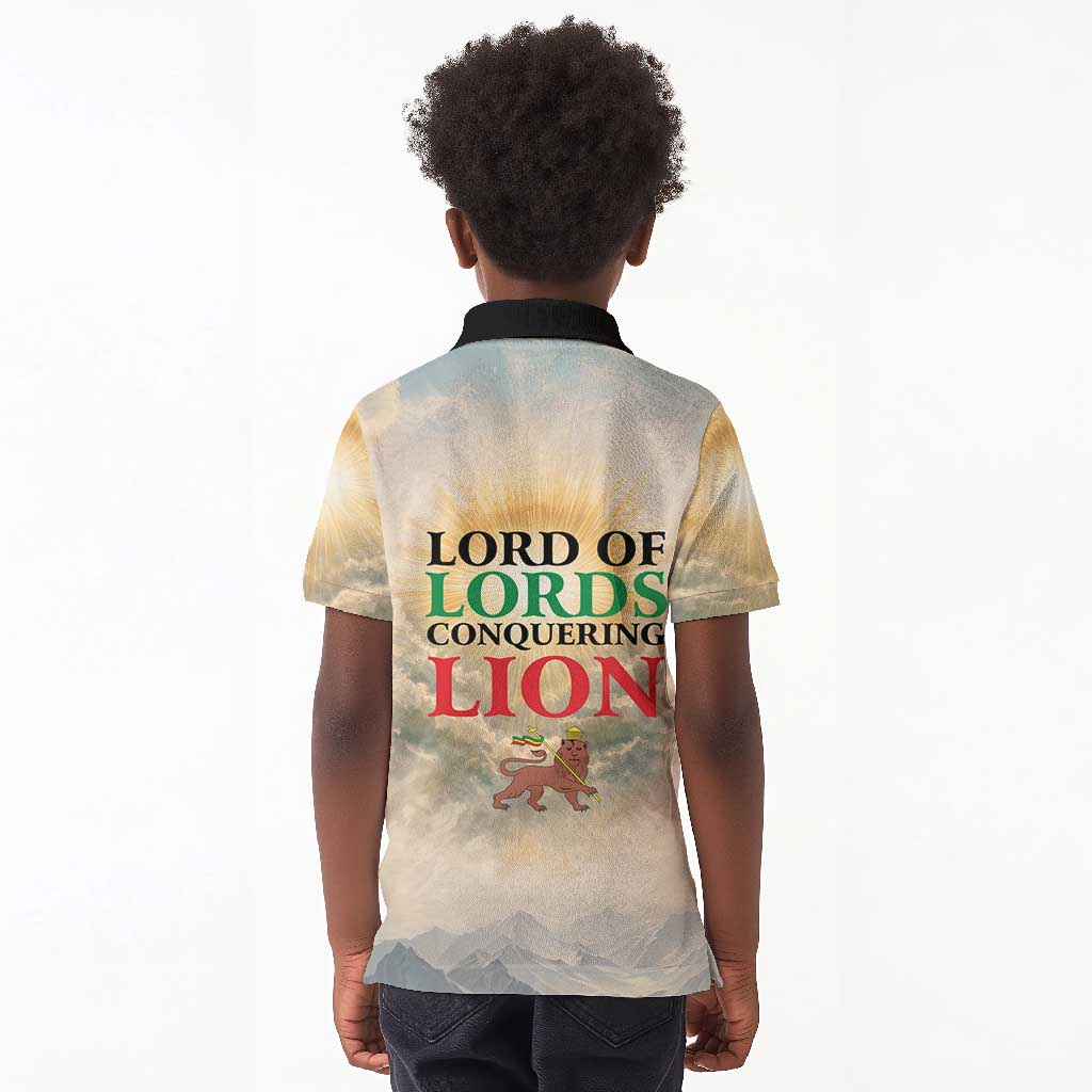 Haile Selassie I Ethiopia Kid Polo Shirt with King of Kings and Conquering Lion Cloud Rays and Regal Portrait