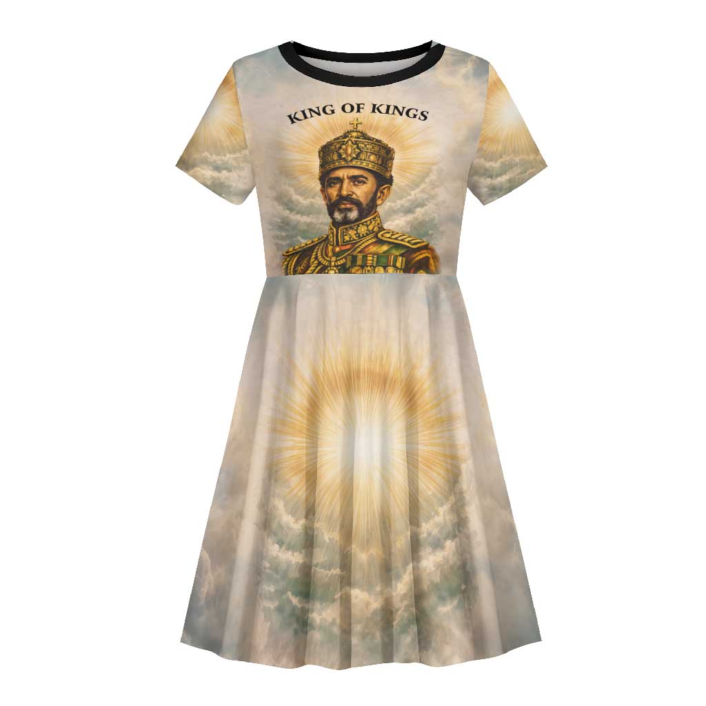 Haile Selassie I Ethiopia Kid Short Sleeve Dress with King of Kings and Conquering Lion Cloud Rays and Regal Portrait