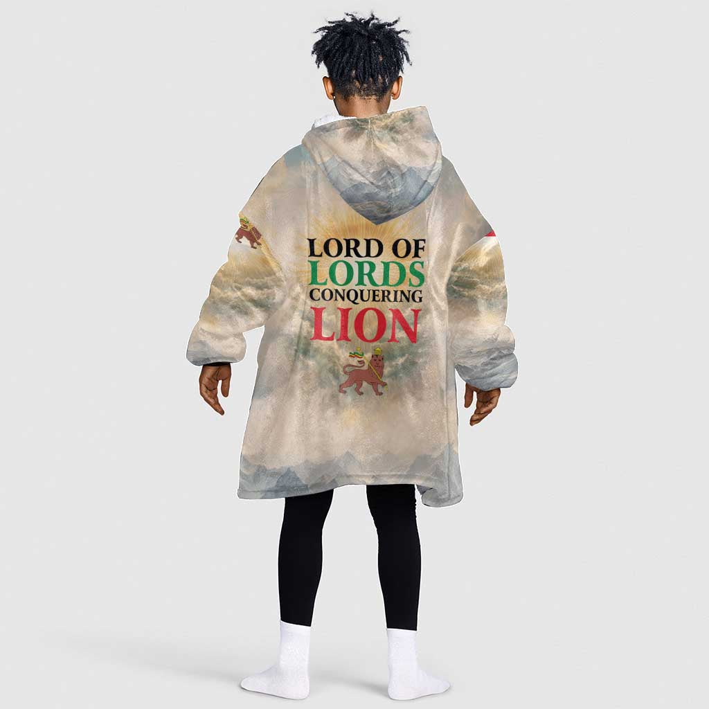Haile Selassie I Ethiopia Kid Wearable Blanket Hoodie with King of Kings and Conquering Lion Cloud Rays and Regal Portrait