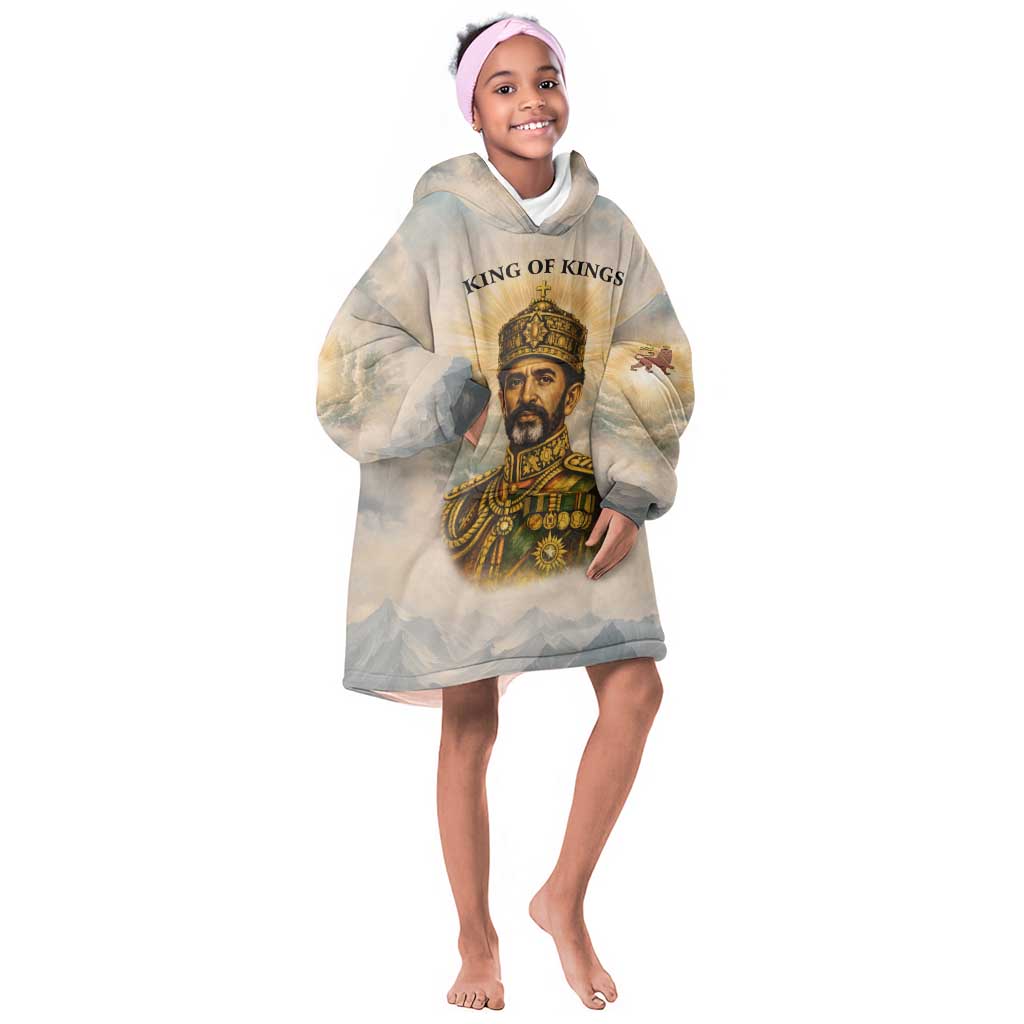 Haile Selassie I Ethiopia Kid Wearable Blanket Hoodie with King of Kings and Conquering Lion Cloud Rays and Regal Portrait