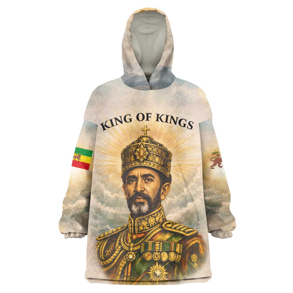 Haile Selassie I Ethiopia Kid Wearable Blanket Hoodie with King of Kings and Conquering Lion Cloud Rays and Regal Portrait
