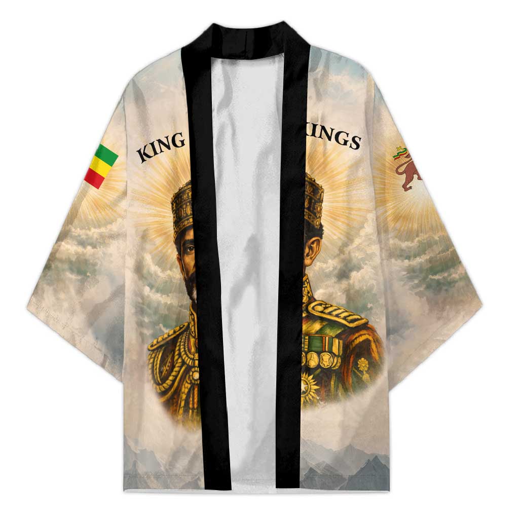 Haile Selassie I Ethiopia Kimono with King of Kings and Conquering Lion Cloud Rays and Regal Portrait