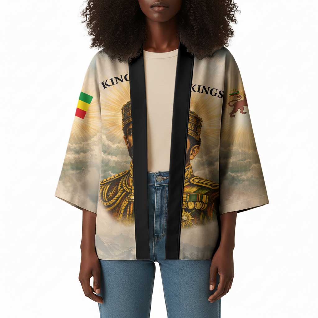Haile Selassie I Ethiopia Kimono with King of Kings and Conquering Lion Cloud Rays and Regal Portrait