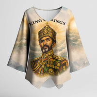 Haile Selassie I Ethiopia Kimono Sleeve Blouse with King of Kings and Conquering Lion Cloud Rays and Regal Portrait