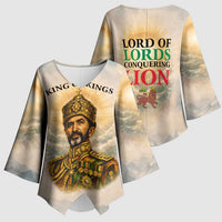 Haile Selassie I Ethiopia Kimono Sleeve Blouse with King of Kings and Conquering Lion Cloud Rays and Regal Portrait