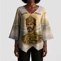 Haile Selassie I Ethiopia Kimono Sleeve Blouse with King of Kings and Conquering Lion Cloud Rays and Regal Portrait