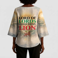 Haile Selassie I Ethiopia Kimono Sleeve Blouse with King of Kings and Conquering Lion Cloud Rays and Regal Portrait