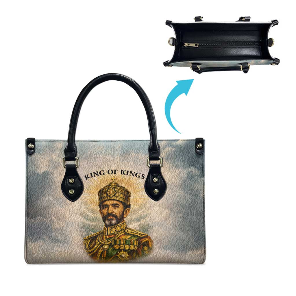 Haile Selassie I Ethiopia Leather Bag with King of Kings and Conquering Lion Cloud Rays and Regal Portrait - Wonder Print Shop