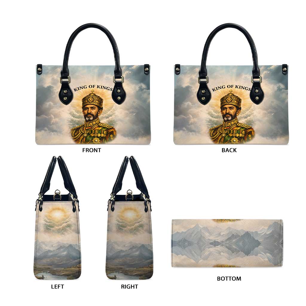 Haile Selassie I Ethiopia Leather Bag with King of Kings and Conquering Lion Cloud Rays and Regal Portrait - Wonder Print Shop