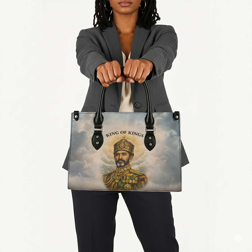 Haile Selassie I Ethiopia Leather Bag with King of Kings and Conquering Lion Cloud Rays and Regal Portrait - Wonder Print Shop