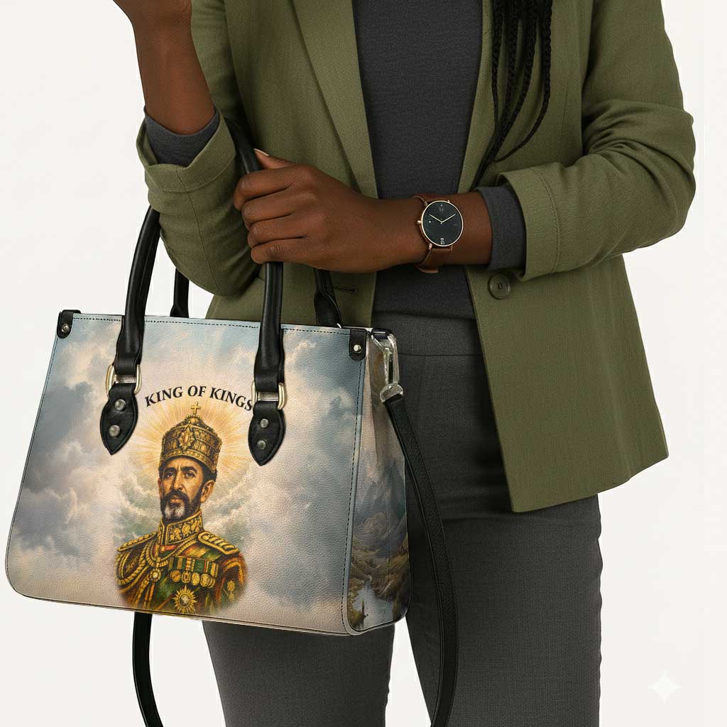 Haile Selassie I Ethiopia Leather Bag with King of Kings and Conquering Lion Cloud Rays and Regal Portrait - Wonder Print Shop