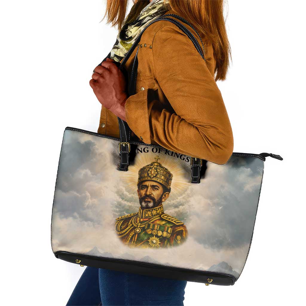 Haile Selassie I Ethiopia Leather Tote Bag with King of Kings and Conquering Lion Cloud Rays and Regal Portrait - Wonder Print Shop