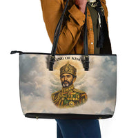 Haile Selassie I Ethiopia Leather Tote Bag with King of Kings and Conquering Lion Cloud Rays and Regal Portrait - Wonder Print Shop