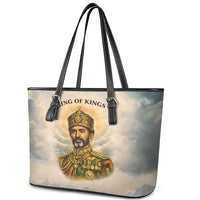 Haile Selassie I Ethiopia Leather Tote Bag with King of Kings and Conquering Lion Cloud Rays and Regal Portrait - Wonder Print Shop