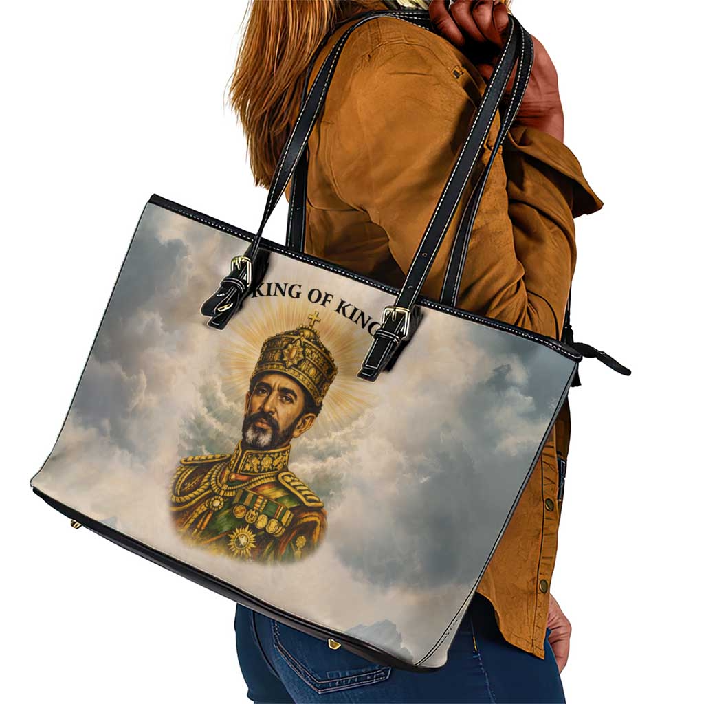 Haile Selassie I Ethiopia Leather Tote Bag with King of Kings and Conquering Lion Cloud Rays and Regal Portrait - Wonder Print Shop