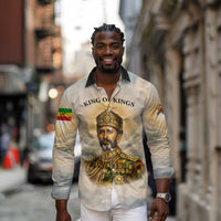 Haile Selassie I Ethiopia Long Sleeve Button Shirt with King of Kings and Conquering Lion Cloud Rays and Regal Portrait