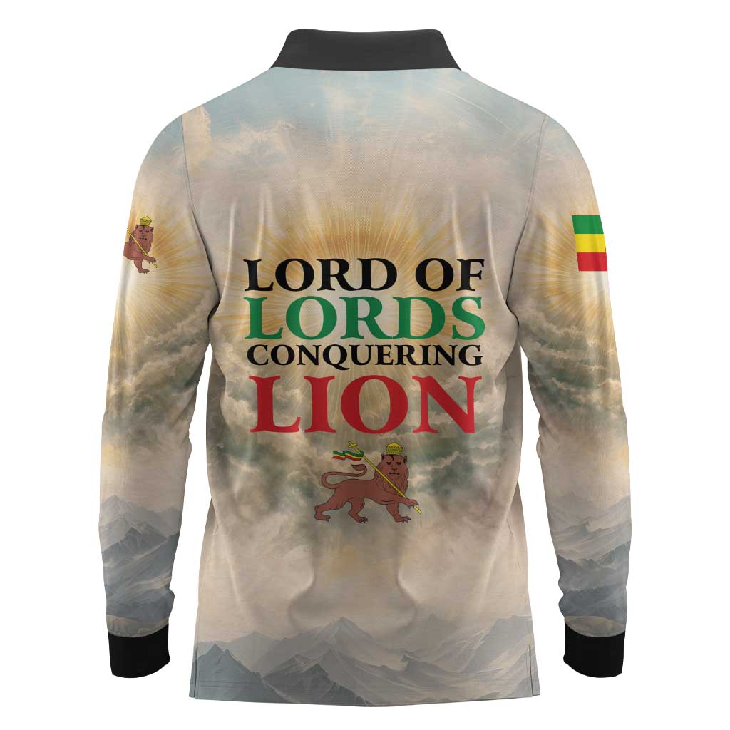 Haile Selassie I Ethiopia Long Sleeve Polo Shirt with King of Kings and Conquering Lion Cloud Rays and Regal Portrait