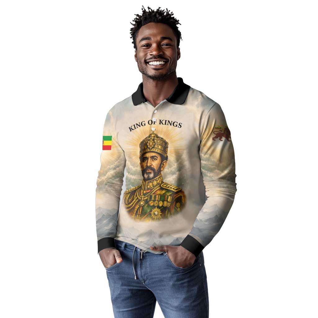 Haile Selassie I Ethiopia Long Sleeve Polo Shirt with King of Kings and Conquering Lion Cloud Rays and Regal Portrait