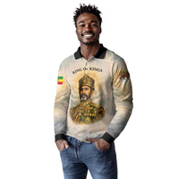 Haile Selassie I Ethiopia Long Sleeve Polo Shirt with King of Kings and Conquering Lion Cloud Rays and Regal Portrait