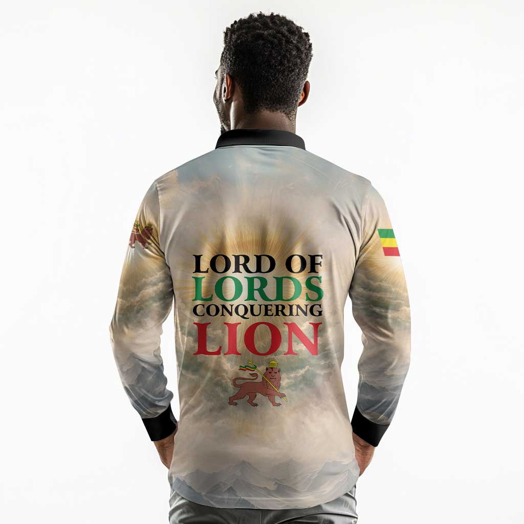 Haile Selassie I Ethiopia Long Sleeve Polo Shirt with King of Kings and Conquering Lion Cloud Rays and Regal Portrait