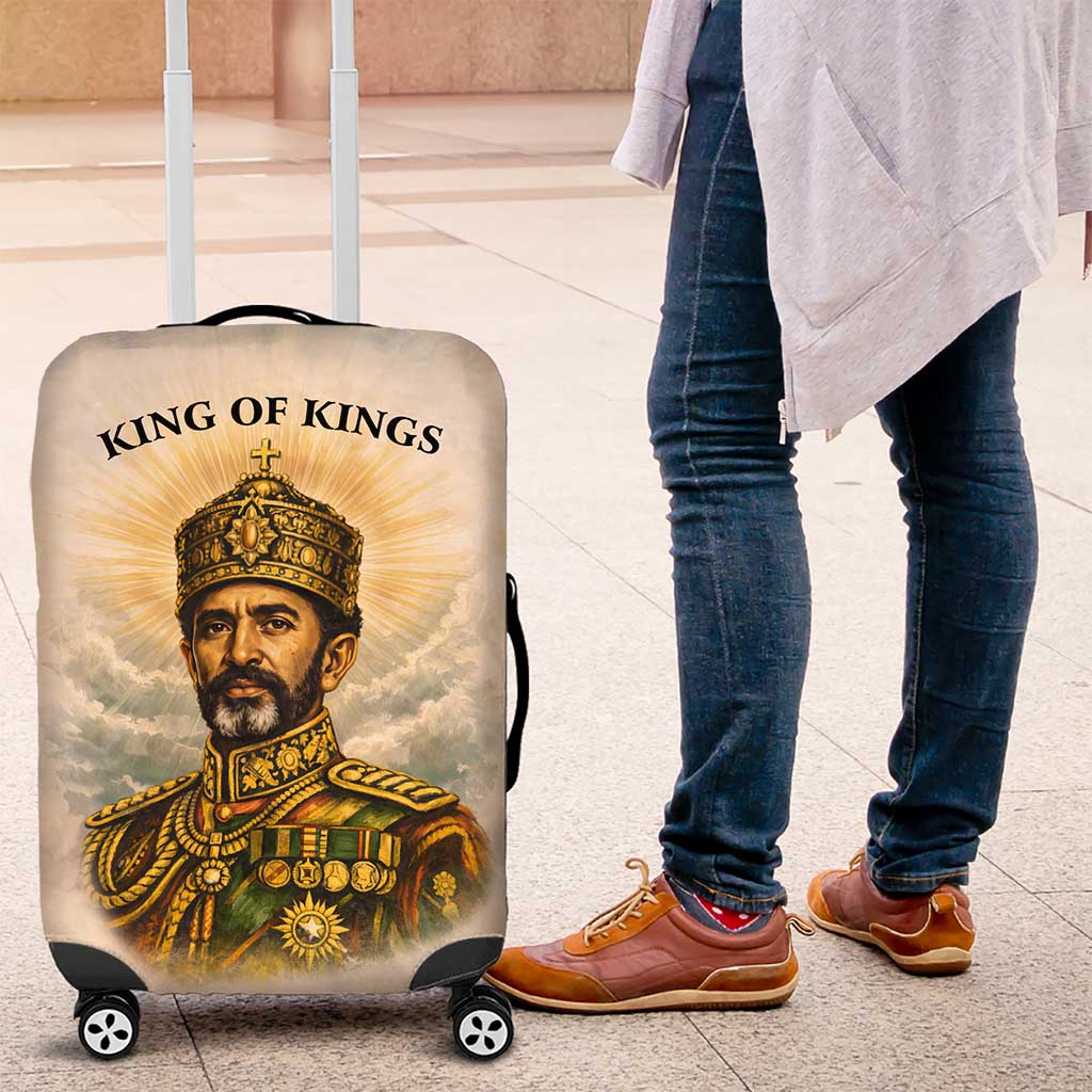 Haile Selassie I Ethiopia Luggage Cover with King of Kings and Conquering Lion Cloud Rays and Regal Portrait - Wonder Print Shop