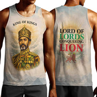 Haile Selassie I Ethiopia Men Tank Top with King of Kings and Conquering Lion Cloud Rays and Regal Portrait
