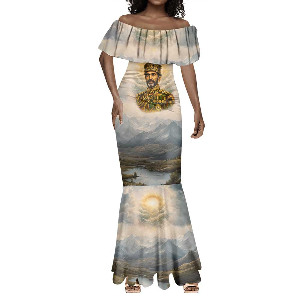 Haile Selassie I Ethiopia Mermaid Dress with King of Kings and Conquering Lion Cloud Rays and Regal Portrait