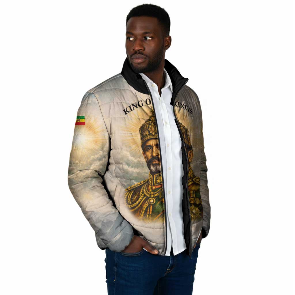 Haile Selassie I Ethiopia Padded Jacket with King of Kings and Conquering Lion Cloud Rays and Regal Portrait - Wonder Print Shop