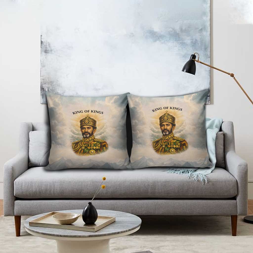 Haile Selassie I Ethiopia Pillow Cover with King of Kings and Conquering Lion Cloud Rays and Regal Portrait - Wonder Print Shop