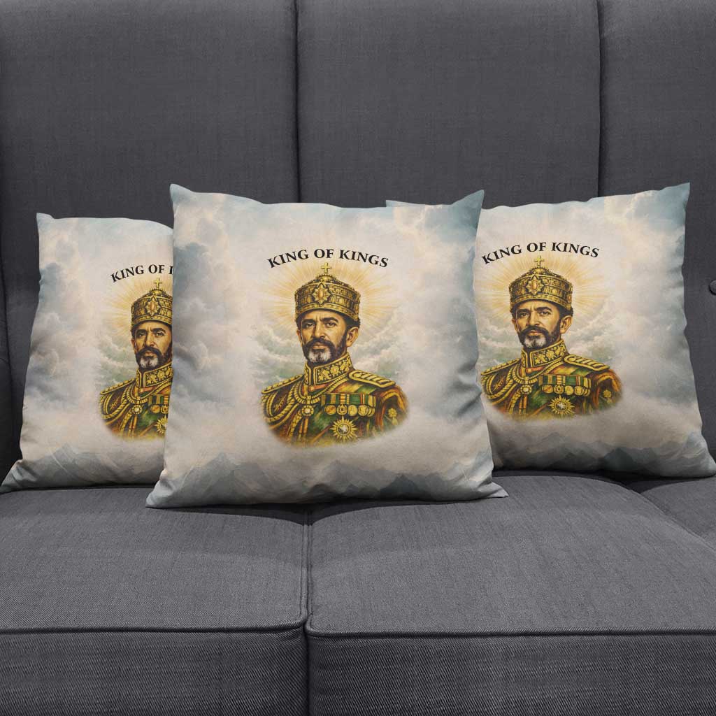 Haile Selassie I Ethiopia Pillow Cover with King of Kings and Conquering Lion Cloud Rays and Regal Portrait - Wonder Print Shop