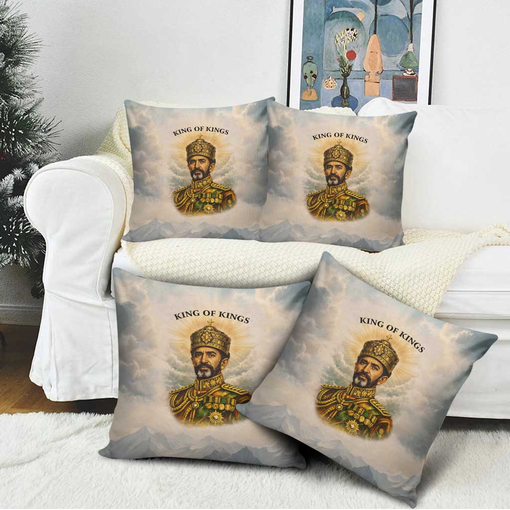 Haile Selassie I Ethiopia Pillow Cover with King of Kings and Conquering Lion Cloud Rays and Regal Portrait - Wonder Print Shop