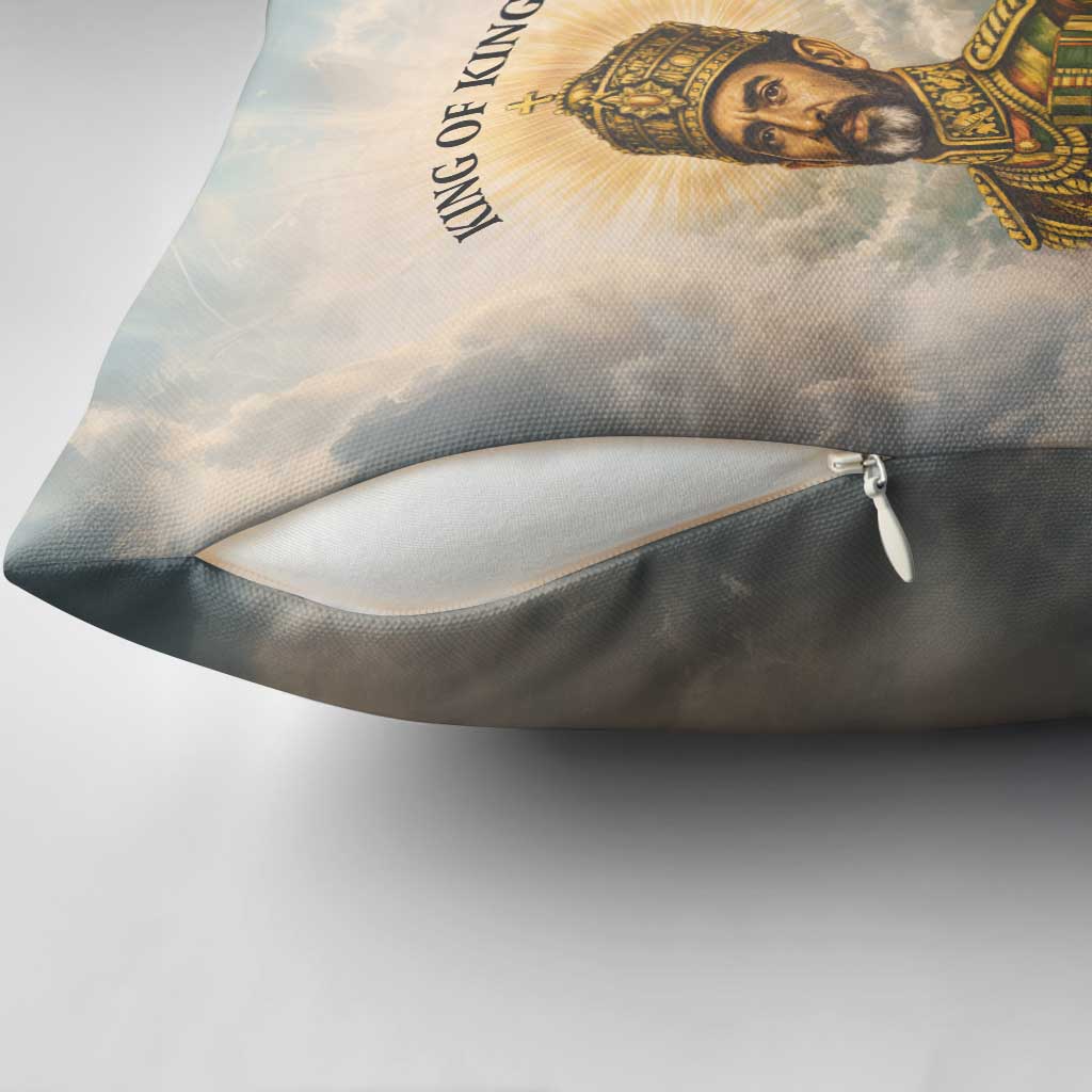 Haile Selassie I Ethiopia Pillow Cover with King of Kings and Conquering Lion Cloud Rays and Regal Portrait - Wonder Print Shop