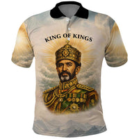 Haile Selassie I Ethiopia Polo Shirt with King of Kings and Conquering Lion Cloud Rays and Regal Portrait