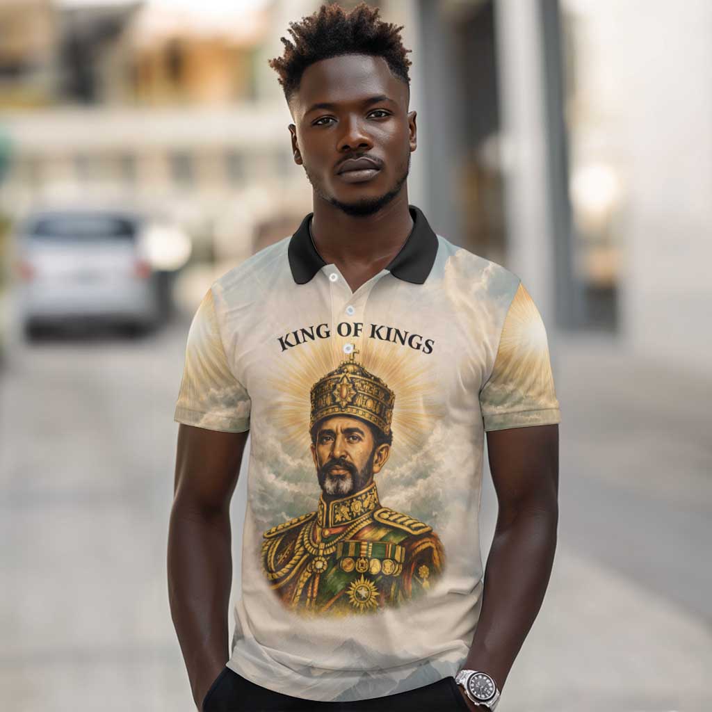 Haile Selassie I Ethiopia Polo Shirt with King of Kings and Conquering Lion Cloud Rays and Regal Portrait