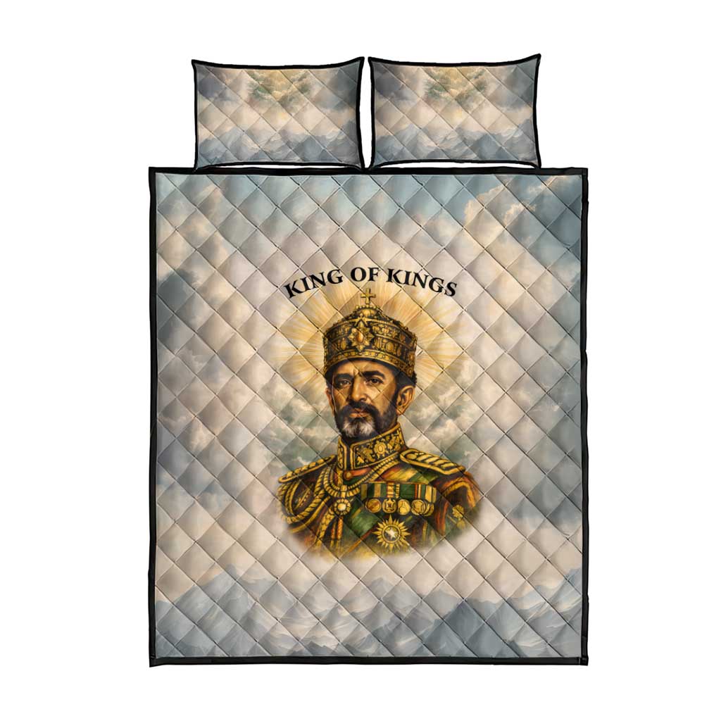 Haile Selassie I Ethiopia Quilt Bed Set with King of Kings and Conquering Lion Cloud Rays and Regal Portrait - Wonder Print Shop